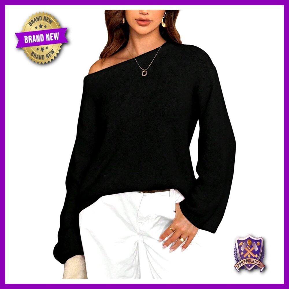 Off Shoulder Fuzzy Pullover Sweater Long Sleeve Knit Top Loose Fit
